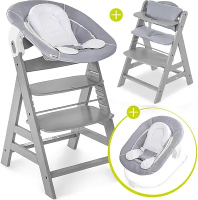 A collage of a grey high chair with a newborn insert and a separate newborn insert shown in a circle.
