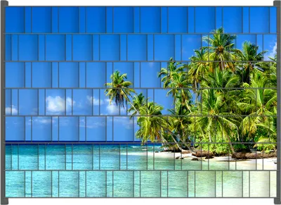 Produktbild von Wallario Zaunsichtschutz mit Motiv Blauer Himmel  weißer Strand  Palmen und das tiefblaue Meer für Ein- und Doppelstabmatten Zäune in der Größe 200 x 140 cm