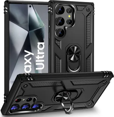 A black protective phone case with a ring stand is shown from multiple angles, with a phone screen displaying 'Galaxy Ultra' text in the background.