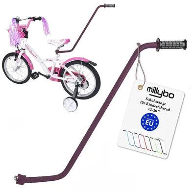 Produktbild von MILLYBO Fahrrad Schubstange für Kinderfahrrad 12–20 Zoll, Fahrrad Lernhilfe, Elternstange, Schiebehilfe Fahrrad, Kinder Fahrradstange, Violett