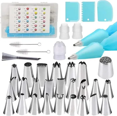 Image de Set de 37 poches à douille en acier inoxydable, douilles en silicone Accessoires pour cupcakes et gâteaux