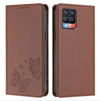 Produktbild von Lederhülle für Realme 8 4G/Realme 8 Pro 4G, Schmetterling Prägung Leder Brieftasche Schutzhülle mit Ständer Braun
