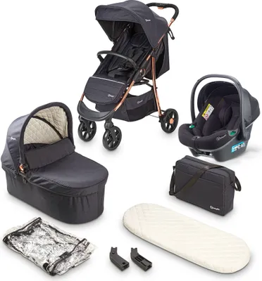 A collection of baby travel system components including a stroller, bassinet, car seat, and accessories, arranged on a white background.