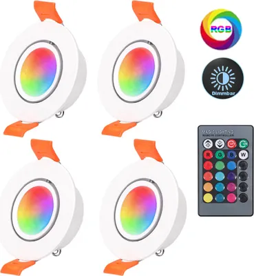 Obrázek produktu pro 4 kusy 3W RGB LED zapuštěné reflektory Stmívatelné dálkové ovládání, stropní spoty otočné 16 barev světla 4 režimy, LED spoty zapuštěné světlo chodba herna