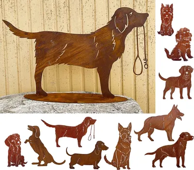 Produktbild von Edelrost Hund mit Leine 88x52cm auf Platte Edelrost Gartendeko Gartenfigur Wetterfest Rost Metall Rostfigur Hunde Figur Tier