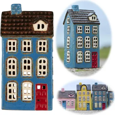 Produktbild von LS-LebenStil Lichterhaus Nyhavn 20cm Blau Braun Keramik Teelichthaus Fachwerkhaus Teelichthalter Windlicht Kerzenständer Wohnzimmer, Fensterbank