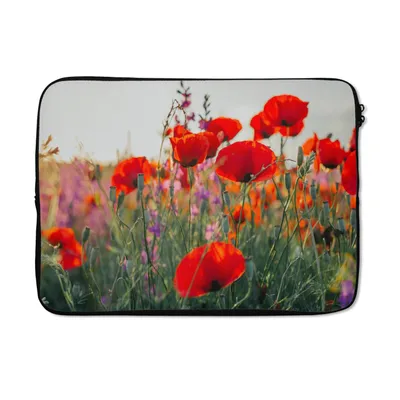 Produktbild von MuchoWow® Laptop Hülle 13 Zoll Mohn - Blumen - Rot - Lila - Wiese Laptoptasche - Laptophülle - Sleeve - Rundumschutz