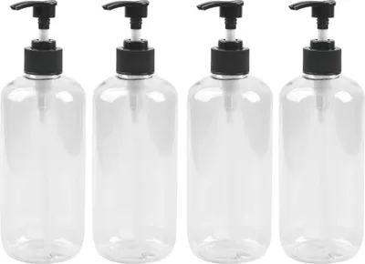 Produktbild von 4 Stück transparente nachfüllbare Flaschen für flüssige Seife und Shampoo - 500 ml - Spender für das Badezimmer - leere Pumpspenderflaschen - Aufbewahrungsbehälter für Lotionen und Conditioner