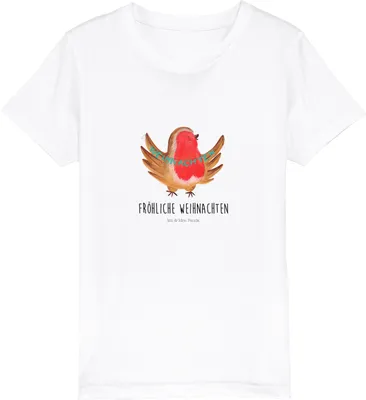 Produktbild von Mr. & Mrs. Panda Kleinkinder T-Shirt Rotkehlchen Weihnachten 5-6 Jahre (110/116) - Weiß - Geschenk, Kindershirt, Öko Kinder, Xmas, Winter, für, Frohe, Teenager, Vogel