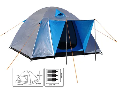 A silver and blue camping tent is shown with diagrams of its dimensions and capacity.