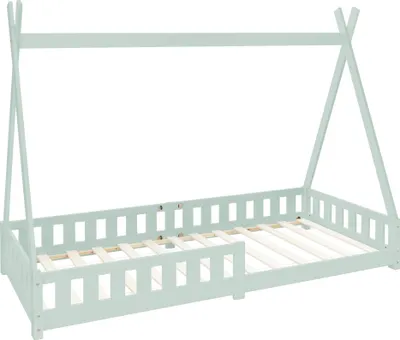 Obrázek produktu pro ML-Design dětská postel Tipi 90x200 cm s ochranou proti vypadnutí a lamelovým roštem, mátově zelená, z borovicového dřeva, domácí postel se zábranou, podlahová postel, dřevěná postel