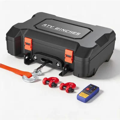 Produktbild von Elektrische Seilwinde - 12V Motorwinde - 2041 kg Zugkraft - Synthetikseil mit Seilführung - Funkfernbedienung - Schäkelhaken und Gurt - Für ATV UTV Offroad