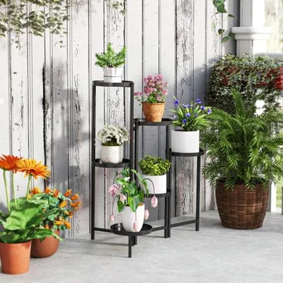 Image de Jardinière métallique à 6 étages avec plateaux, support intérieur pliable pour balcon, jardinière en escalier de 80 cm de haut