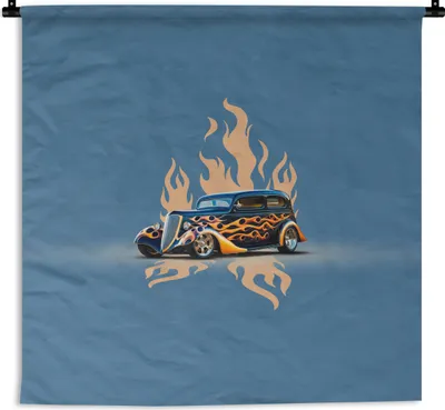 Produktbild von MuchoWow® Wandteppich Wandbehang Auto - Oldtimer - Blau - Flammen 60x60 cm Tapisserie Dekoration Wandtuch - Dekorationen - Wand Decke