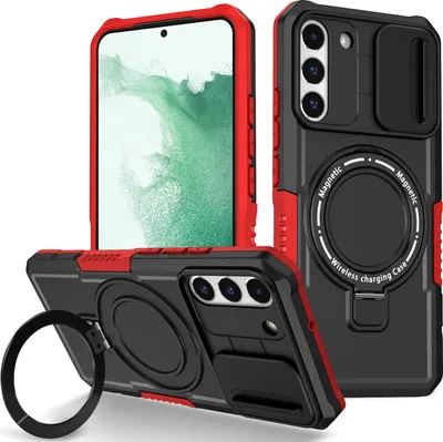 Produktbild von Handyhülle für Samsung Galaxy S22+ 5G Kompatibel mit MagSafe, Robuste Hülle mit Schiebe Kamera Schutz, Magnetischer Ringständer Schwarz Rot