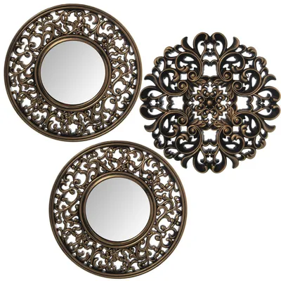 3er-Set runde Wandleuchten mit Spiegel, Melamin, gold, 25 cm