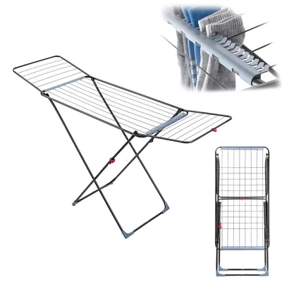 A drying rack for clothes, shown in two different configurations.