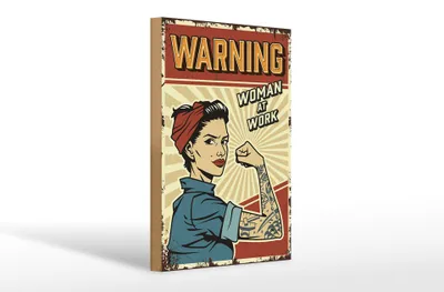 Produktbild von Holzschild Retro 20x30cm Pinup warning women at work Frau
