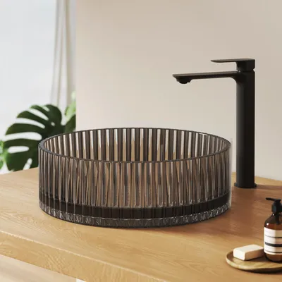 Immagine prodotto di Lavabo da appoggio EMKE rotondo 400x400x120 mm in vetro cristallo temperato galvanico nero opaco, senza foro per rubinetto e troppopieno, design moderno
