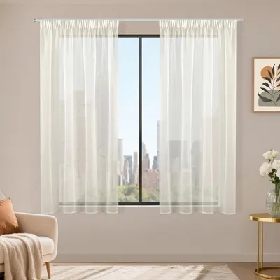 Obrázek produktu pro Záclony z voilového materiálu, rozměry 145 x 140 cm, sada 2 kusů, béžová barva, s volánkovou stuhou, vhodné do obývacího pokoje