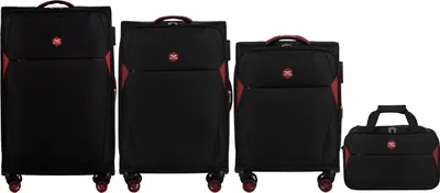 Four pieces of luggage are displayed in a row against a white background.