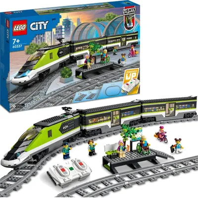 Produktbild von LEGO 60337 City Personen-Schnellzug, Set mit ferngesteuertem Zug, Eisenbahn-Spielzeug mit Scheinwerfern, 2 Wagen und 24 Schienen-Elementen