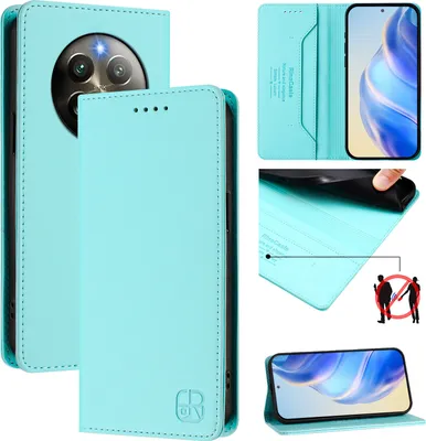 Produktbild von Lederhülle für Realme 13 4G/Realme 12+/Realme Narzo 70 Hülle Flip Brieftasche Kartenfächern Ständer Schutzhülle Türkis