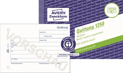 Produktbild von Avery Zweckform 1250, Quittung MwSt. separat ausgewiesen, A6 quer, Recycling-Papier, 100 Blatt