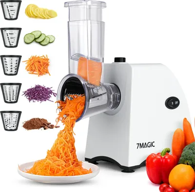 Produktbild von 7MAGIC 5 in 1 Elektrischer Gemüseschneider 250W, Multifunktionsreibe mit 5 Edelstahl Einsätze, BPA-Frei, Gemüsehobel Gemüse Reibe Käsereibe, Trommelreibe Schneidetrommeln für Gemüse, Obst und Käse