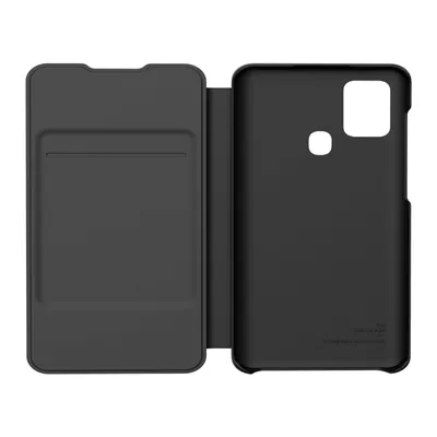 A black wallet flip cover for a smartphone, shown open.