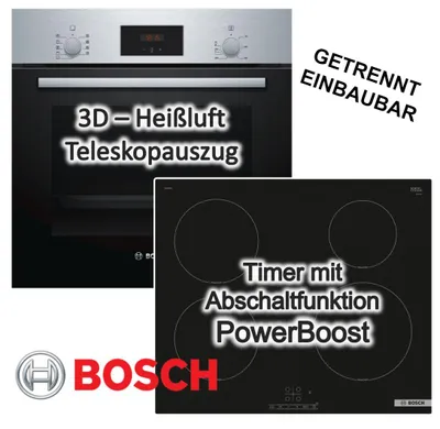 Produktbild von Herdset BOSCH Einbau-Backofen Teleskopauszug 3D-Heißluft + Induktionskochfeld Booster autark 60 cm