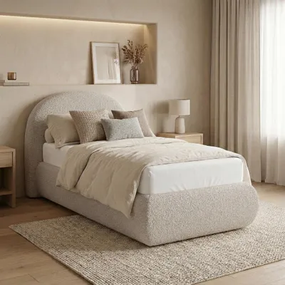 Produktbild von BEAUTYSOFA | Polsterbett MOTTI 90x200 cm - Einzelbett mit Bettkasten & Matratze MEDIRO FORM H2 und gepolstertem Kopfteil - Bouclé Beige