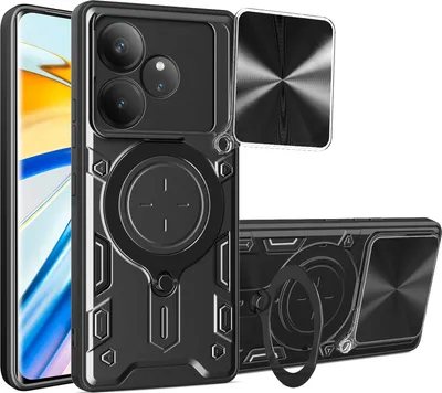 Produktbild von Handyhülle für Realme GT 6T Dual-Layer Stoßfest Rüstung Hülle mit Dia Kameraschutz und Kreisförmig Ring Ständer Schwarz