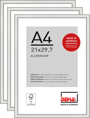 Three silver picture frames are stacked on top of each other, with the front frame displaying product information.