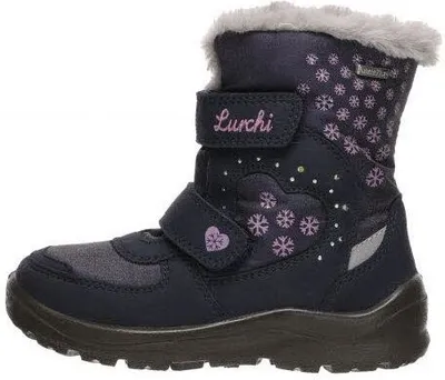 A single blue LURCHI boot with pink snowflake and heart details, and a gray furry trim, is shown against a white background.