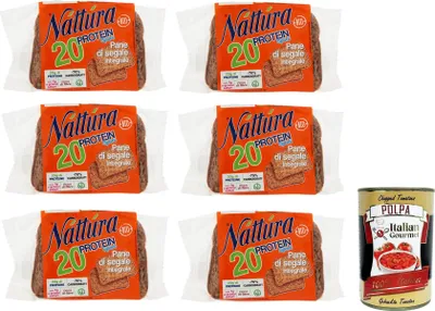 Produktbild von 6x Náttúra Protein Sport Pane di Segale Integrale -Roggenvollkornbrot mit Weizenproteinen, Leinsamen und Soja,Packung mit 250g + Italian Gourmet Polpa di Pomodoro 400g Dose