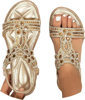 Produktbild von ASKSA Damen Glitzer Sandalen Sommer, Strass Sandalen Elegant Flach Schuhe, Gold, Groesse: 38