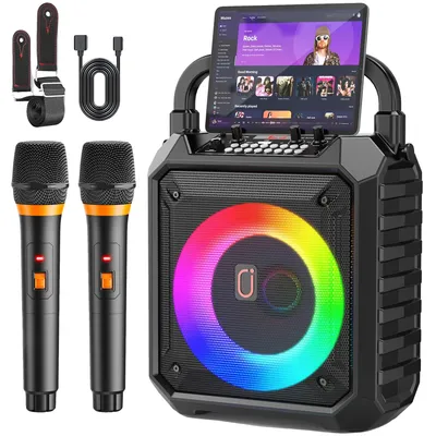 Produktbild von Karaoke-Maschine, Dual-Wireless-Mikrofone, Bluetooth-Kompatibilität, 20W Lautsprecherleistung, bis zu 12 Stunden Akkulaufzeit, LED-Beleuchtung