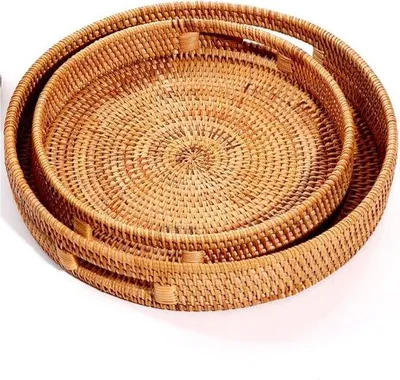 Zdjęcie produktu dla Ibenzoa® Okrągłe podkładki z rattanu z uchwytami, zestaw 2 sztuk, średnica 25 i 30 cm – dekoracyjne podkładki na śniadanie i do serwowania, ręcznie plecione, 100% naturalny rattan