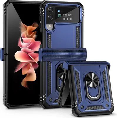 Produktbild von Galaxy Z Flip3 Hülle, Dual Layer Robust Militäre Scharnierschutz Schutzhülle mit Ringhalterung Ständer für Samsung Galaxy Z Flip 3 5G Blau