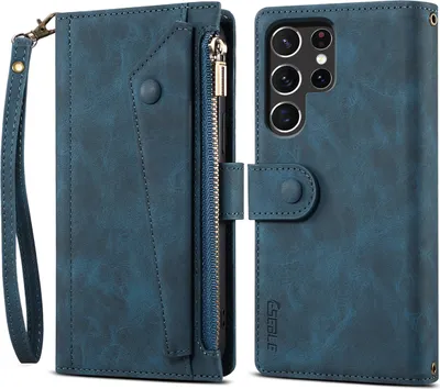 Produktbild von Schutzhülle für Samsung Galaxy S22 Ultra 5G Reißverschluss Hülle, Leder Klapphülle Kartenfach Standfunktion Brieftasche mit Trageband Blau