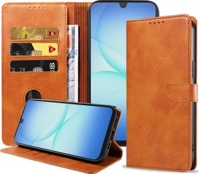Image de Convient à l'étui de téléphone Samsung Galaxy A17 Faux cuir avec lèvre magnétique et porte-cartes Étui de livre avec rabat - Étui de portefeuille avec porte-cartes - Marron - Smartphonica