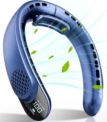 Zdjęcie produktu dla Elektryczny wentylator na szyję – przenośny wentylator na szyję z wyświetlaczem LED – akumulator 4000 mAh – 3 prędkości – chłodzenie bez użycia rąk przez złącze USB-C – kolor niebieski – 19 x 22 cm