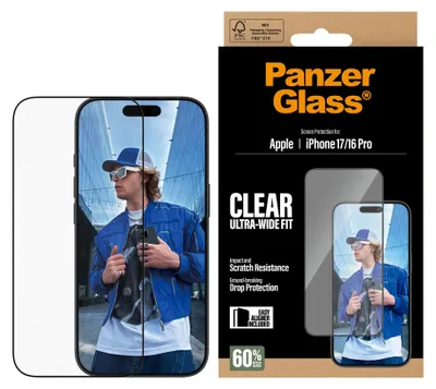Zdjęcie produktu dla PanzerGlass ® Screen Protector iPhone 17 | iPhone 16 Pro | Ultra-Wide Fit w. EasyAligner, Apple, Apple - iPhone 17, Apple - iPhone 16 Pro, Aplikacja na sucho, Odporny na zadrapania, Odporny na wstrząsy, Przezroczysty, 1 szt.