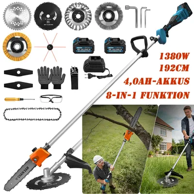 Produktbild von 8-in-1-Funktion Elektro Hochentaster mit 2*4,0Ah Akkus, 1380W BL-Motor, Akku-Astschere Astschneider & Rasentrimmer für Baumschnitt und Unkraut jäten