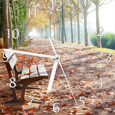 Produktbild von Wallario Design Wanduhr Einsame Parkbank an einer Allee - Herbststimmung aus Echtglas, Größe 20 x 20 cm