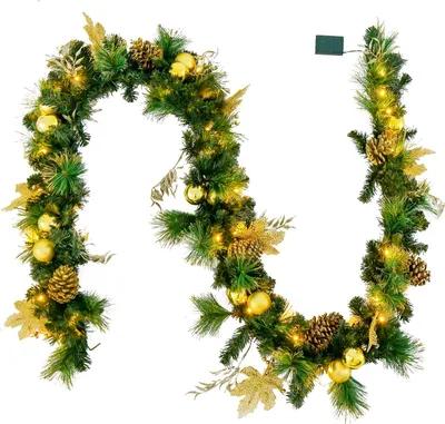 Produktbild von GOPLUS Weihnachtsdeko Girlande mit Beleuchtung, 270 cm Tannengirlande mit LED-Lichtern, Kiefernnadeln, goldenen Kugeln, usw. Weihnachtsdeko für Tür