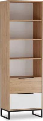 Produktbild von Regalschrank LANDRO LR-07 mit 2 Schubladen Regal Schrank 60 x 190 cm Standregal Wohnzimmerschrank Wohnzimmer Modern Loft (Hikora / Weiß Matt)