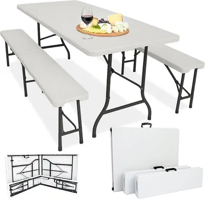 Zdjęcie produktu dla Zestaw składanych mebli kempingowych, 3-częściowy – stół 180x74x72 cm + 2 ławki 180x25x43 cm – stół kempingowy, odporny na warunki atmosferyczne i łatwy w utrzymaniu, antypoślizgowy – z uchwytami do przenoszenia – do użytku na kempingu, w ogrodzie – kolor biały