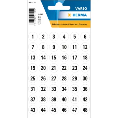 Produktbild von HERMA 4124 Zahlen Aufkleber schwarz 1-240 rund, 240 Stück, Ø 12 mm, selbstklebend, groß, matt, Nummer Ziffer Klebezahlen Sticker Hausnummern aus Papier zum Aufkleben, weiß